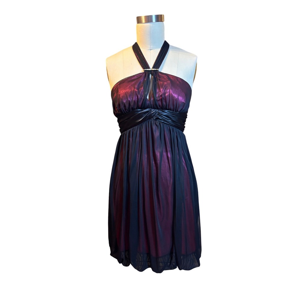 Y2K Prom Morgan & Co Halter Dress Rhinestone Bubble Hem Medium Pink Black